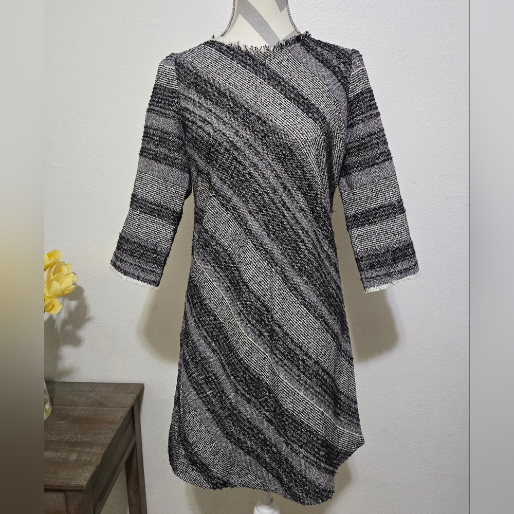 Zara Textured Knit Striped Dress with Frayed Fringe Hem - 3/4 Sleeve Size Small